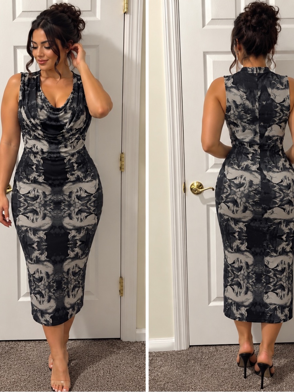 Cowl Neck Sleeveless Midi Dress in Black & Grey